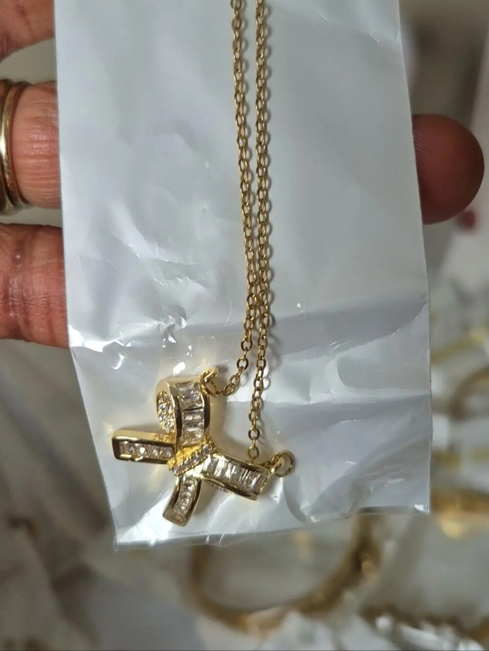 Gold Ribbon Pendant Necklace with Clear Stones - Women Jewelry